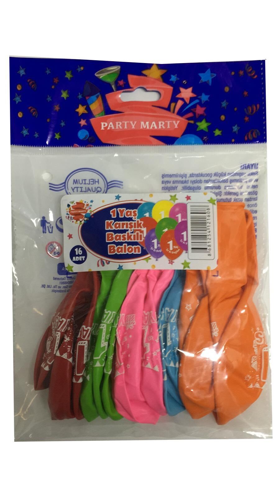 BALON PERAKENDE BASKILI 1 YAŞ KARIŞIK RENKLİ 16 LI
