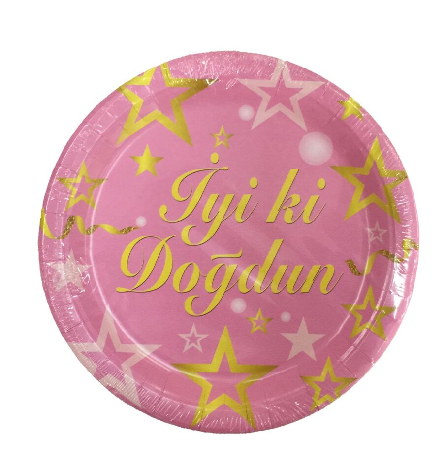 TABAK KARTON YILDIZLI İYİKİ DOĞDUN PEMBE 22CM 8Lİ