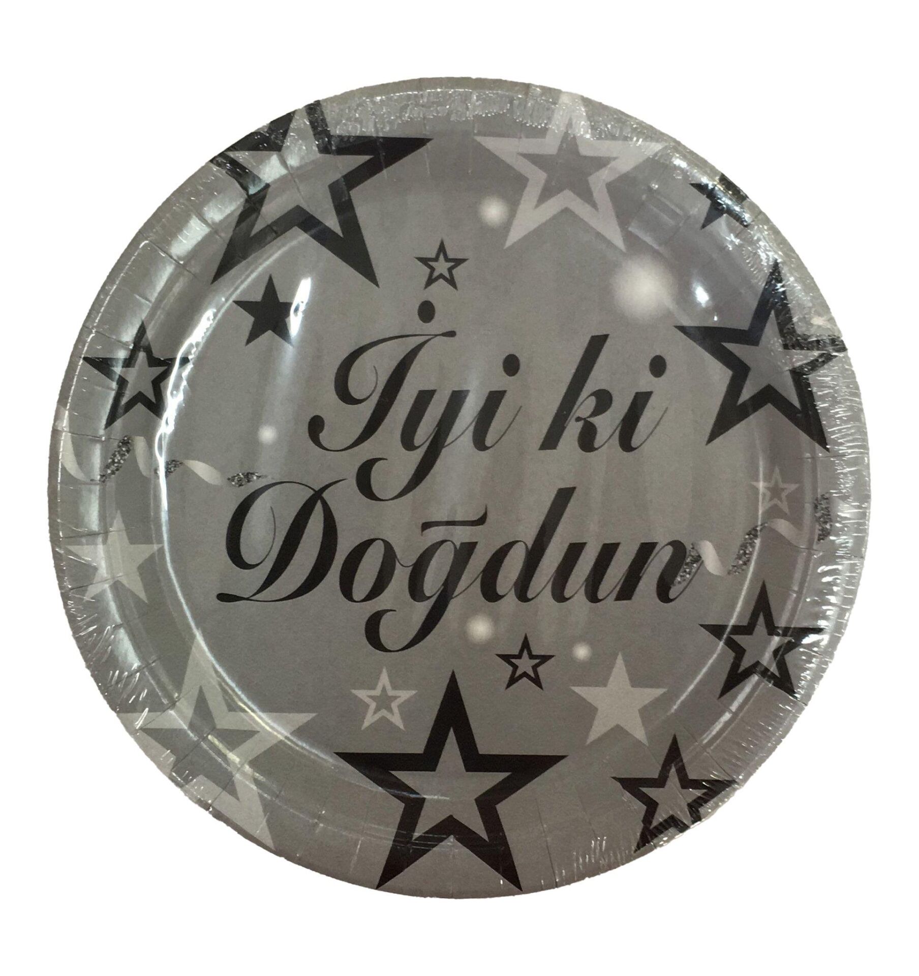 TABAK KARTON YILDIZLI İYİKİ DOĞDUN GÜMÜŞ 22CM 8Lİ