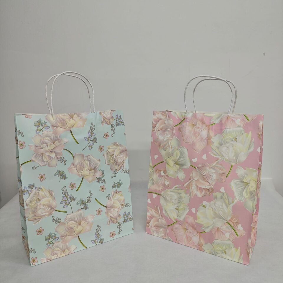 ÇANTA KRAFT BÜKÜM SAPLI ÇİÇEKLİ 26*12*33 CM 12 Lİ