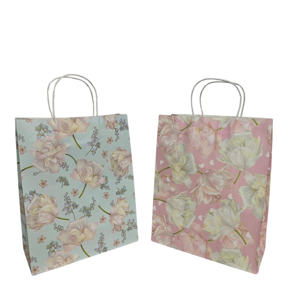 ÇANTA KRAFT BÜKÜM SAPLI ÇİÇEKLİ 26*12*33 CM 12 Lİ