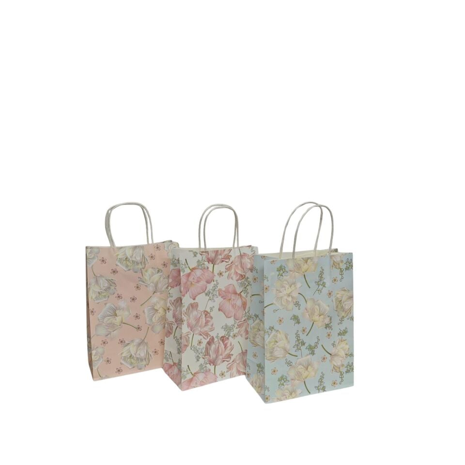 ÇANTA KRAFT BÜKÜM SAPLI ÇİÇEKLİ 15*8*21 CM 12 Lİ