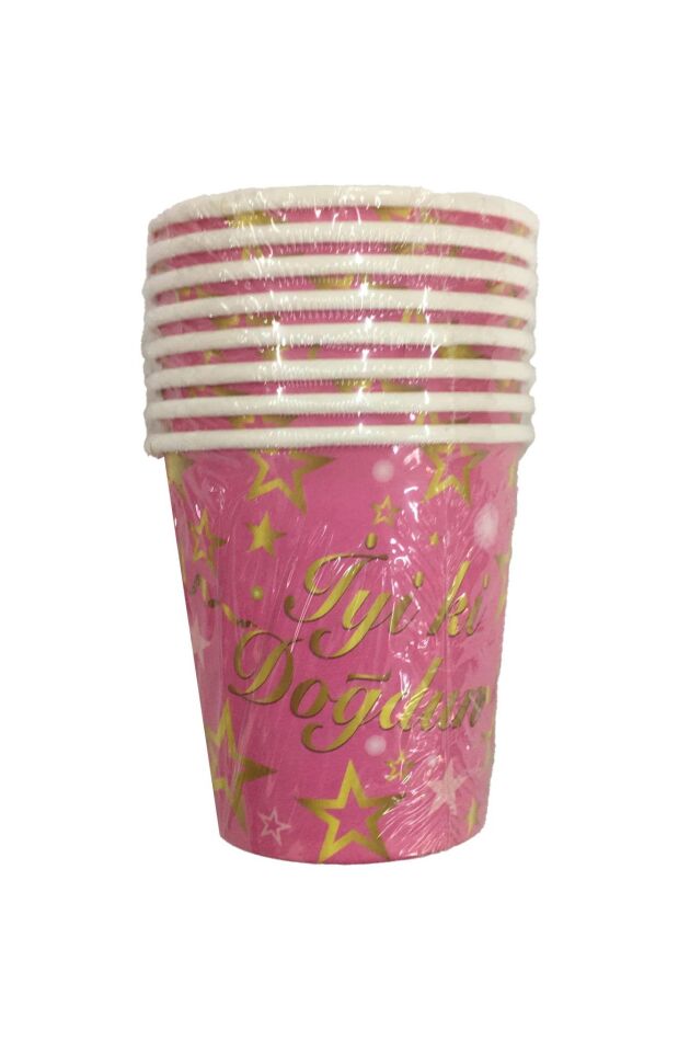 BARDAK KARTON YILDIZLI İYİKİ DOĞDUN PEMBE 8Lİ
