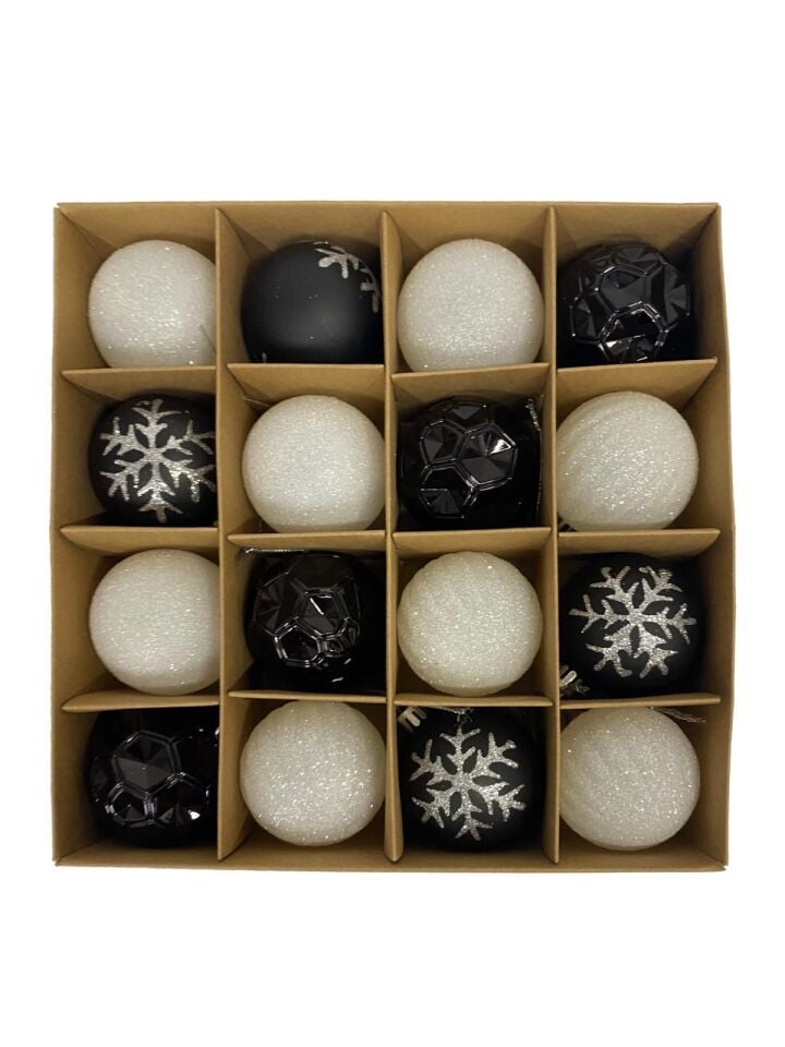 TOPSÜS 6CM SİYAH-BEYAZ KAR DESENLİ KUTULU 16 LI
