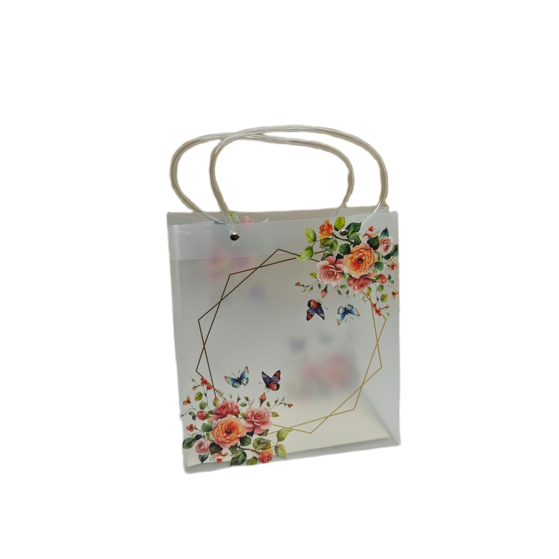 ÇANTA ŞEFFAF BUZLU KELEBEK ÇİÇEK 24*22*10 CM 10 LU