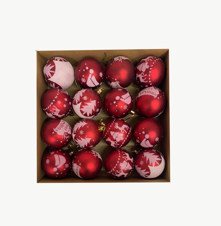 TOPSÜS 6CM KIRMIZI BEYAZ  KAR DESENLİ KUTULU 16 LI