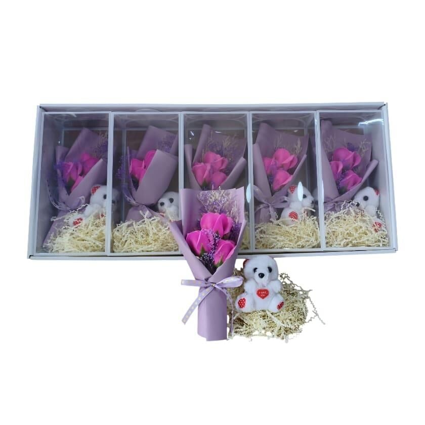 KUTU ŞEFFAF TEKLİ BUKET MİNİ AYICIKLI MOR