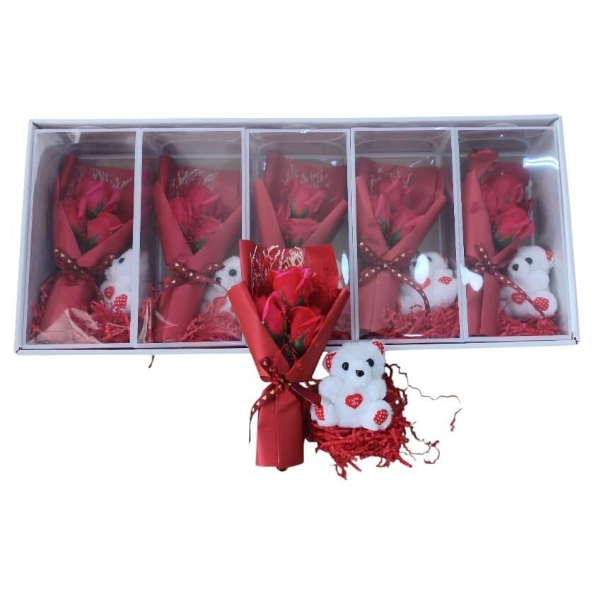 KUTU ŞEFFAF TEKLİ BUKET MİNİ AYICIKLI KIRMIZI