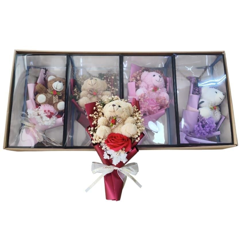 KUTU ŞEFFAF TEKLİ BUKETLİ AYICIK