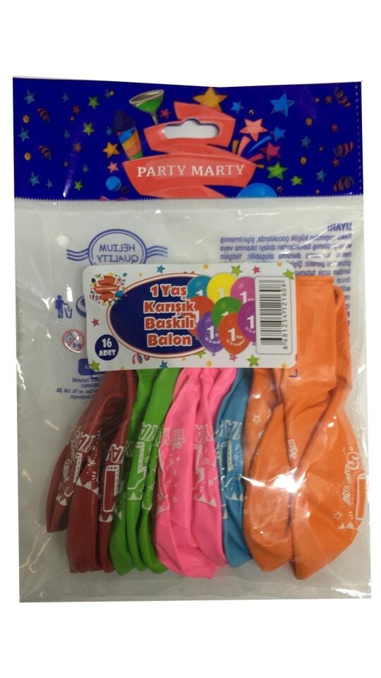 BALON PERAKENDE BASKILI 1 YAŞ KARIŞIK RENKLİ 16 LI