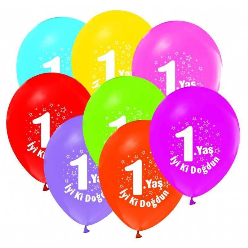 BALON PERAKENDE BASKILI 1 YAŞ KARIŞIK RENKLİ 16 LI
