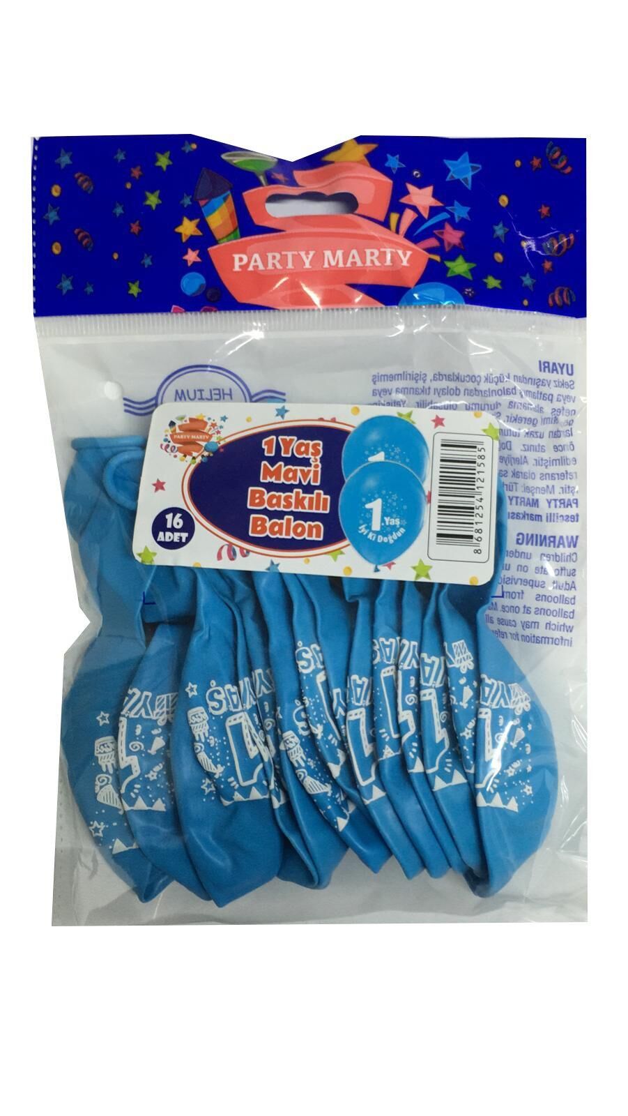 BALON PERAKENDE BASKILI 1 YAŞ MAVİ RENKLİ 16 LI