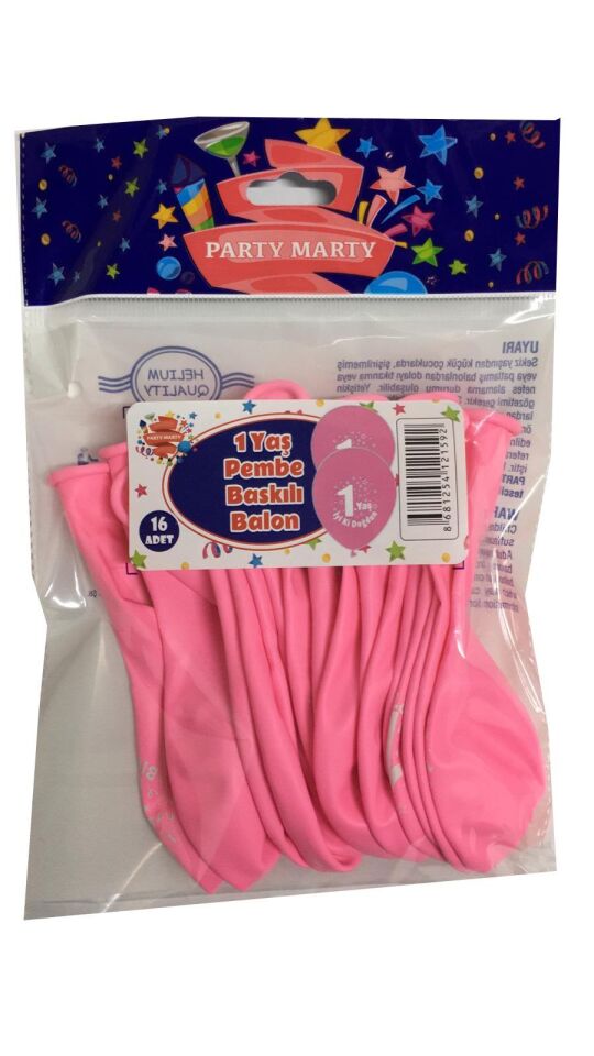 BALON PERAKENDE BASKILI 1 YAŞ PEMBE RENKLİ 16 LI
