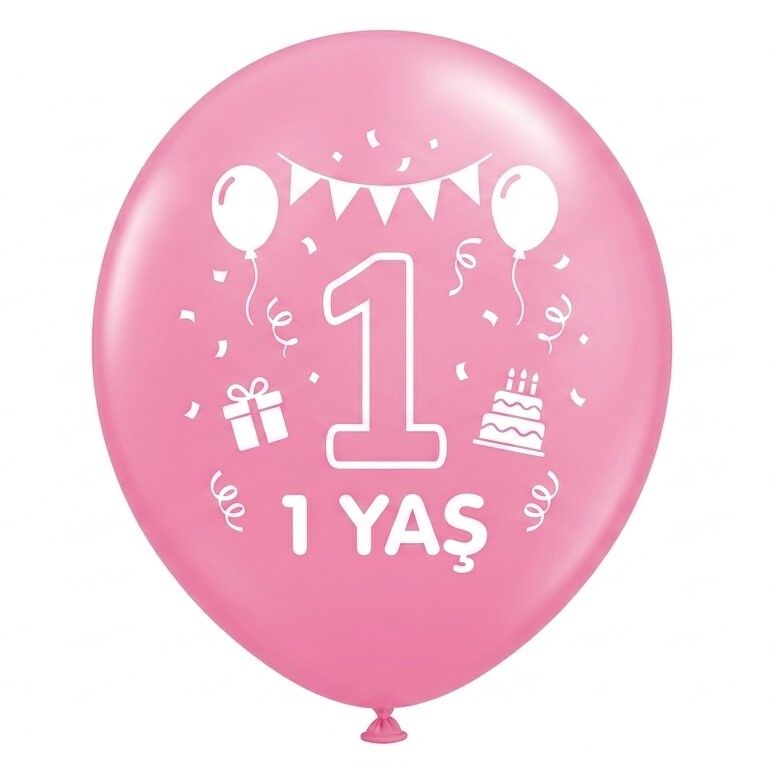 BALON PERAKENDE BASKILI 1 YAŞ PEMBE RENKLİ 16 LI