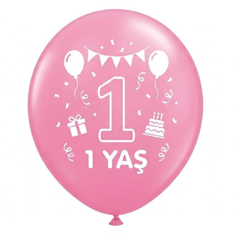 BALON PERAKENDE BASKILI 1 YAŞ PEMBE RENKLİ 16 LI