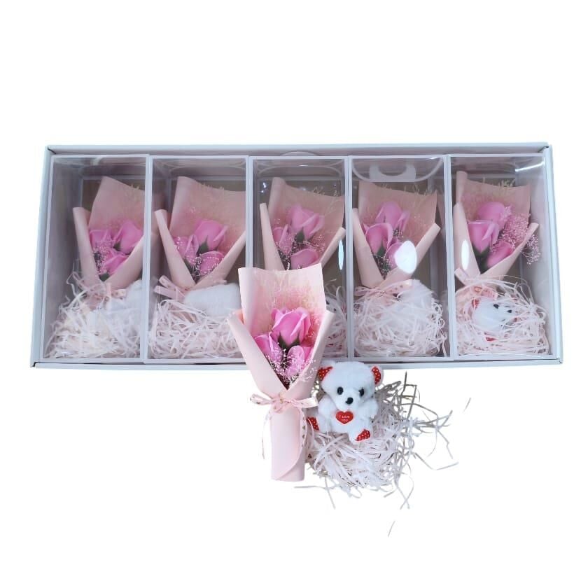 KUTU ŞEFFAF TEKLİ BUKET MİNİ AYICIKLI PEMBE