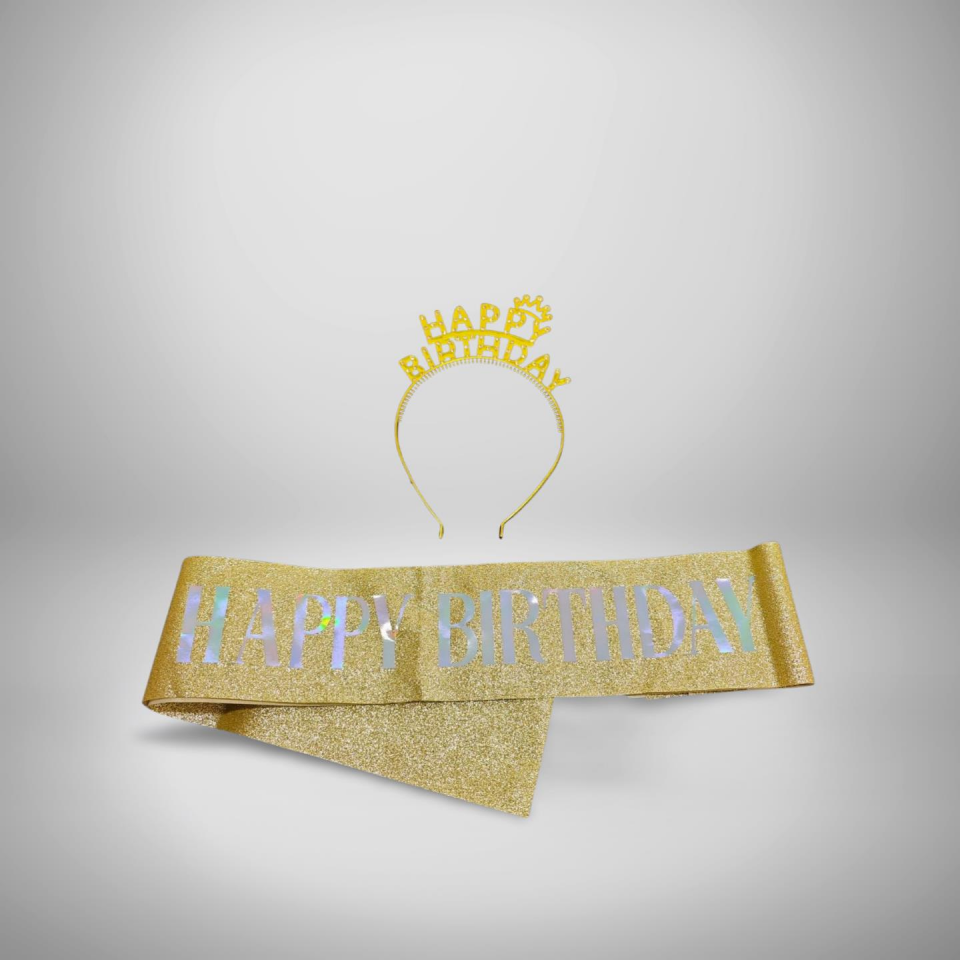 HAPPY BIRTHDAY  METAL TAÇ&KUŞAK TAKIM ALTIN