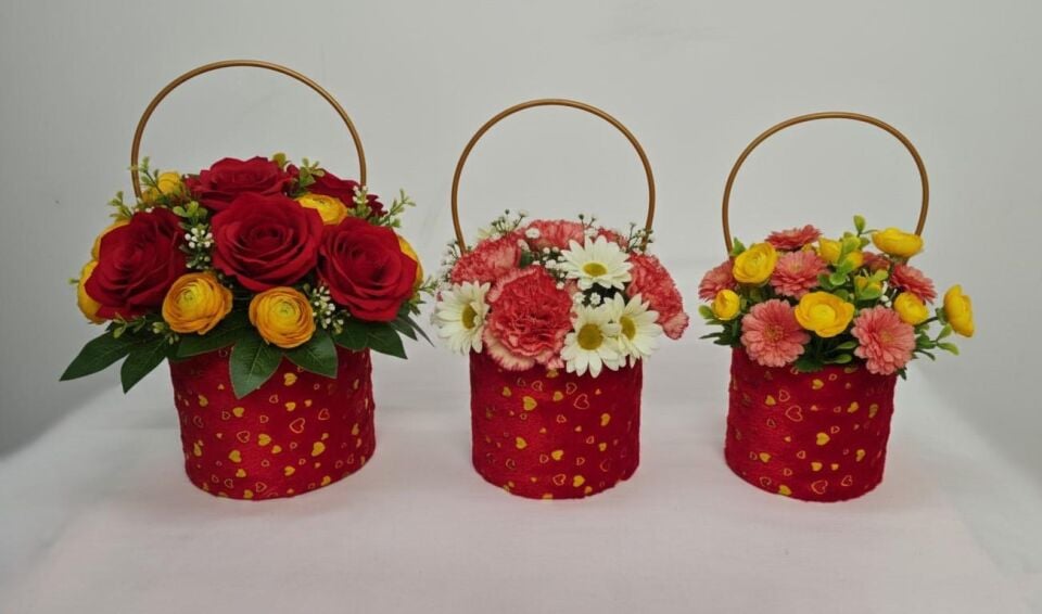 KUTU SİLİNDİR KAPAKSIZ KIRMIZI  PELUŞLU 3 LÜ