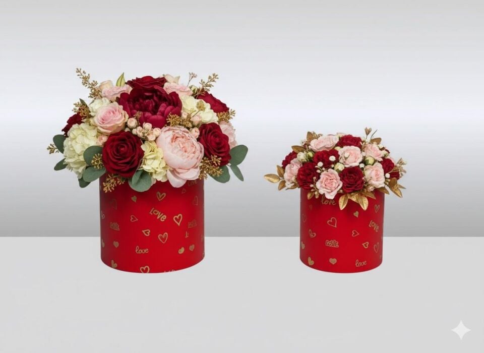 KUTU SİLİNDİR KALP DESENLİ KIRMIZI 2 Lİ  SET