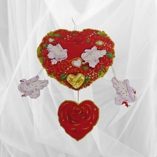 AVİZE SÜS 3 BOYUTLU KALP GÜLLÜ GÜVERCİNLİ