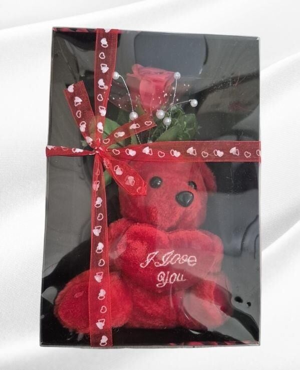 HEDİYELİK SÜS ASETAT KUTU17 CM PELUŞ AYICIK  GÜLLÜ