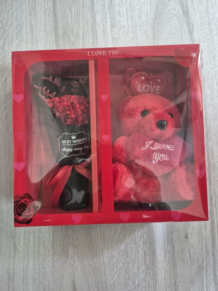 HEDİYELİK SÜS KUTULU 20 CM AYICIK 20 CM BUKET GÜL