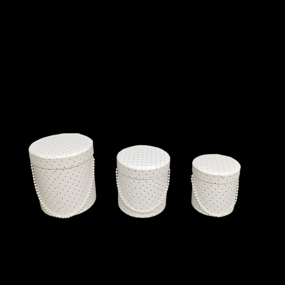 KUTU SİLİNDİR BONCUKLU BEYAZ PUANLI 3 LÜ SET