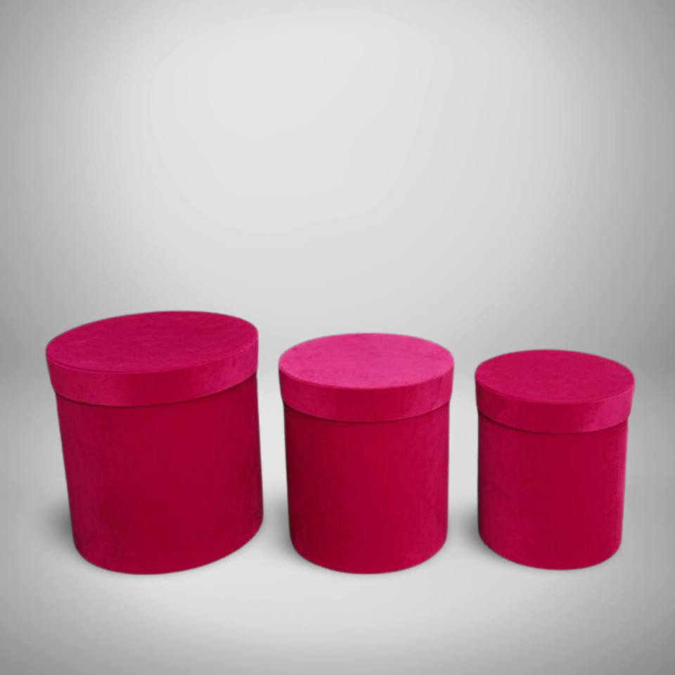 KUTU SİLİNDİR KADİFE KAPLI FUŞYA 3 LÜ SET