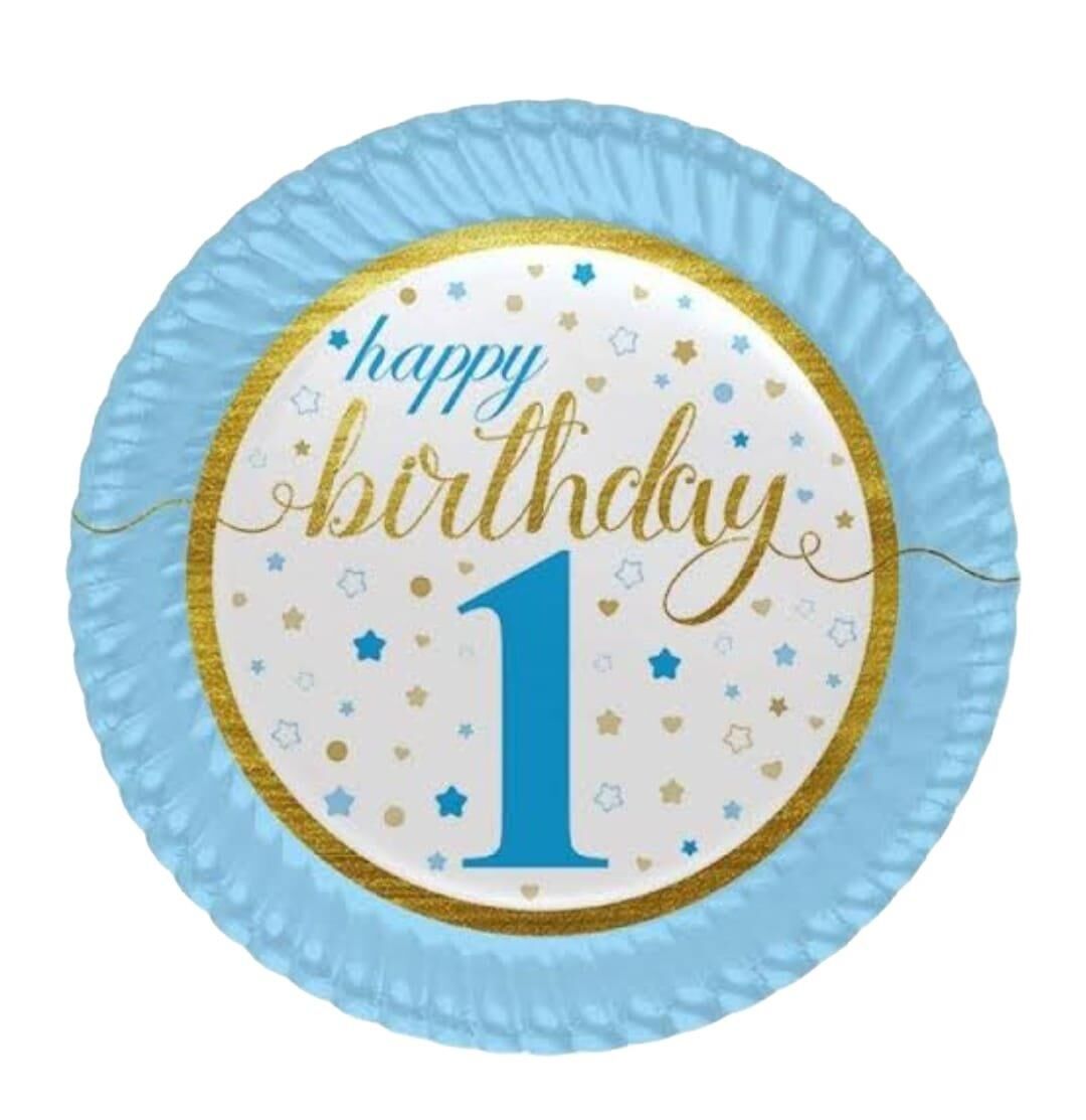 TABAK KARTON YILDIZLI 1 YAŞ MAVİ HAPPY 23CM 8Lİ