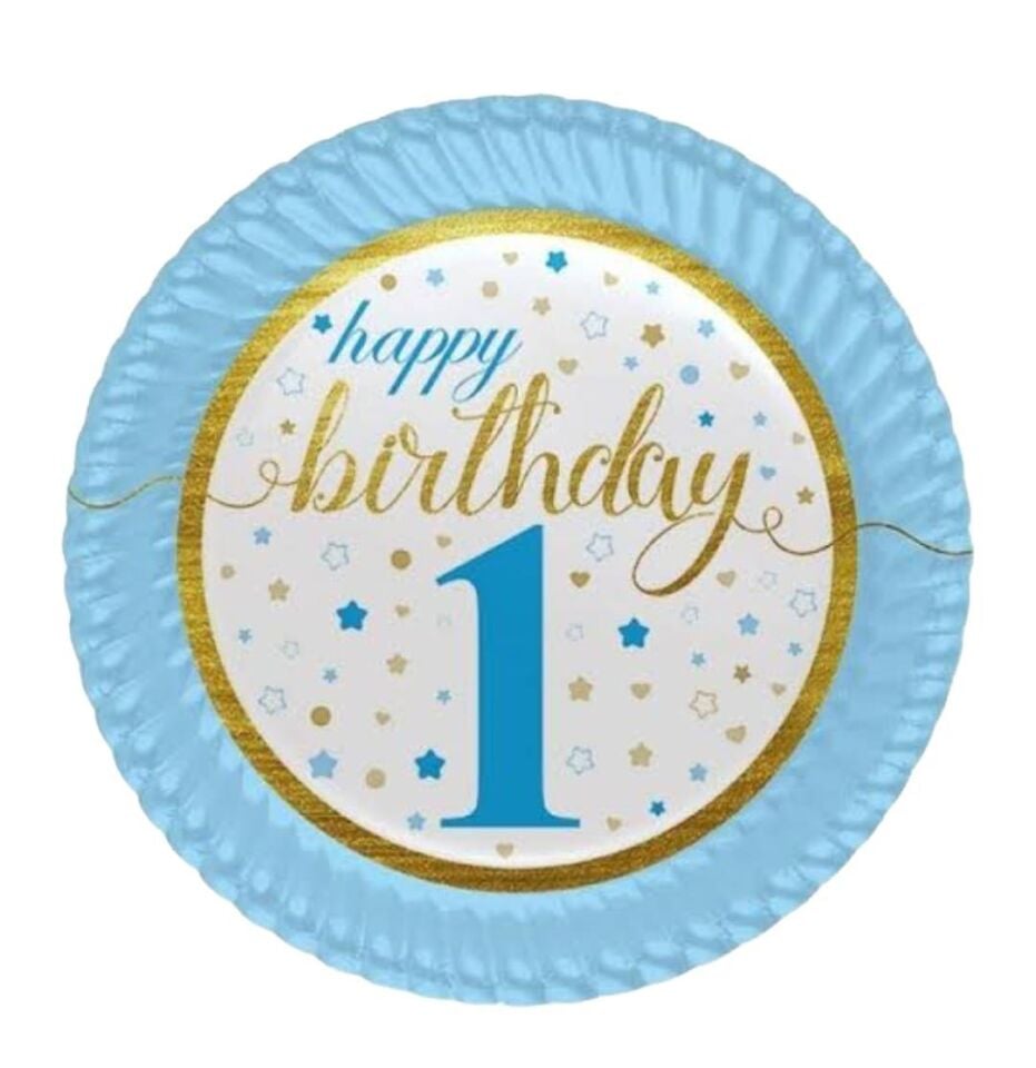 TABAK KARTON YILDIZLI 1 YAŞ MAVİ HAPPY 23CM 8Lİ