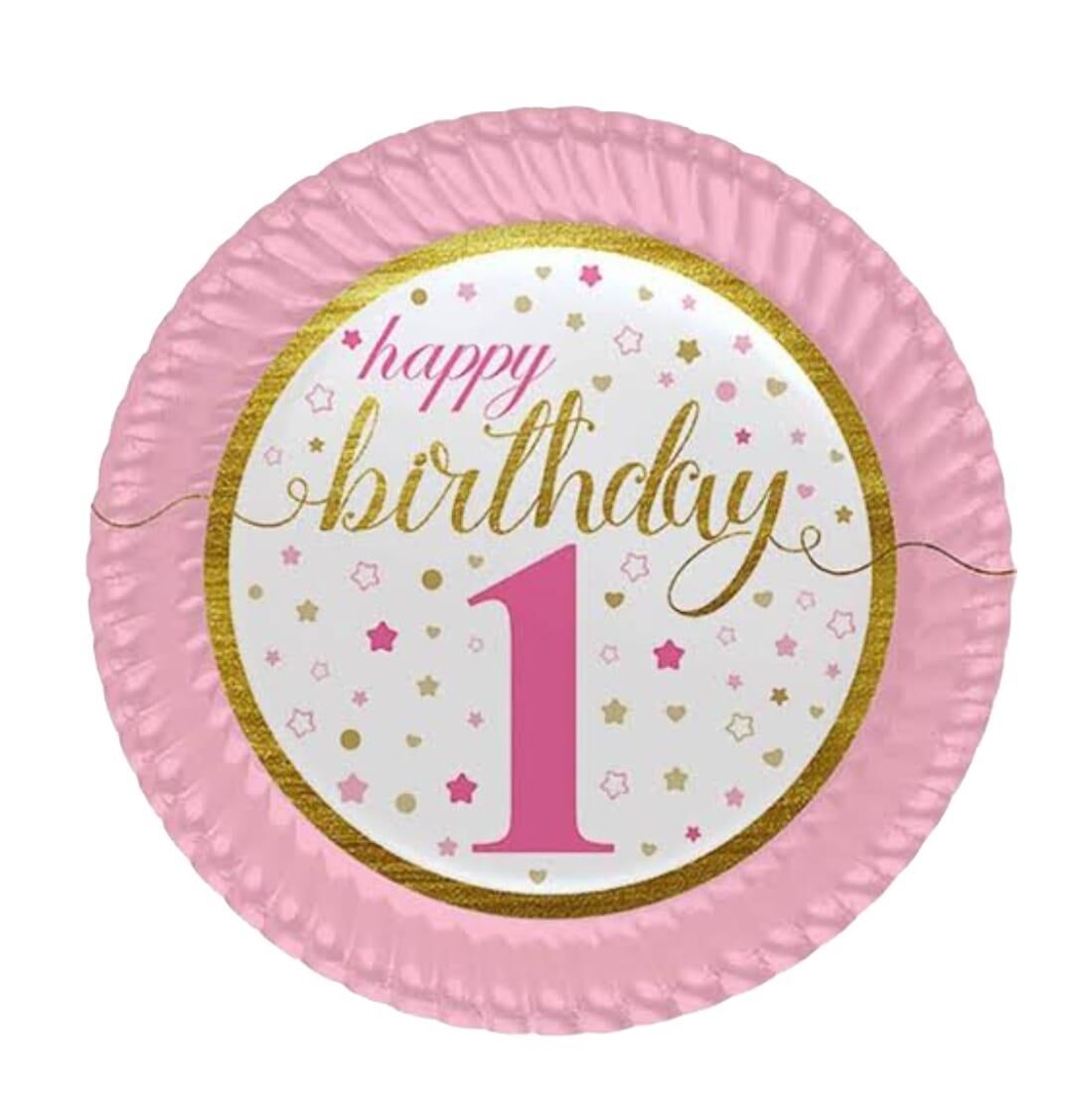 TABAK KARTON YILDIZLI 1 YAŞ PEMBE HAPPY 23CM 8Lİ