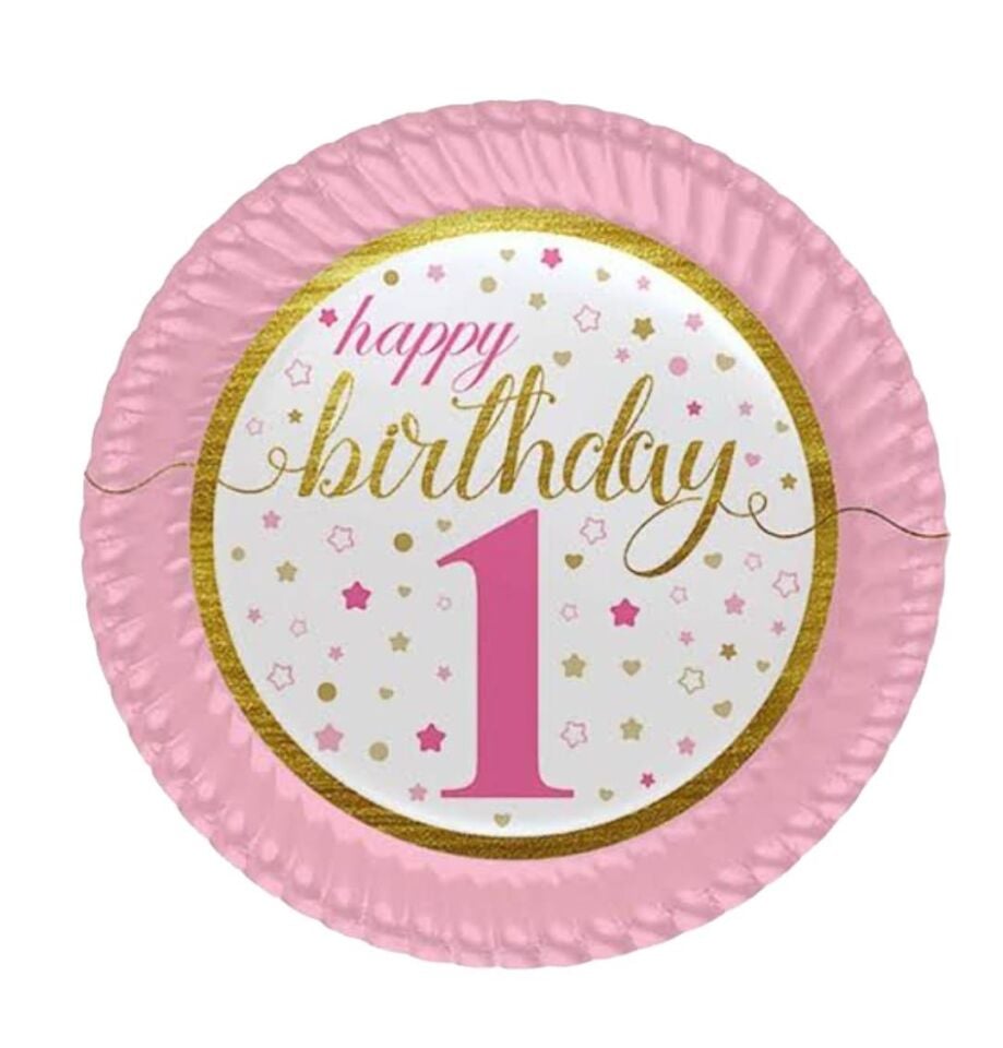 TABAK KARTON YILDIZLI 1 YAŞ PEMBE HAPPY 23CM 8Lİ