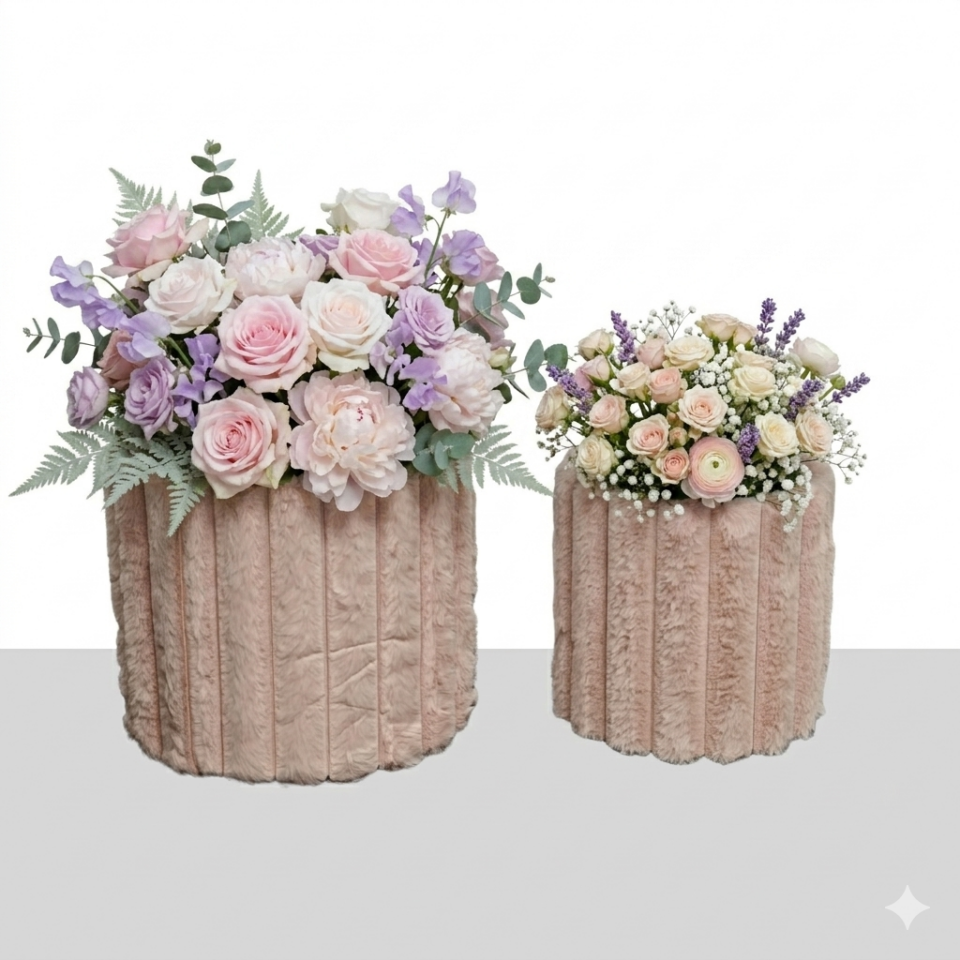 KUTU SİLİNDİR KAPAKSIZ TOZ PEMBE KADİFE 2 Lİ