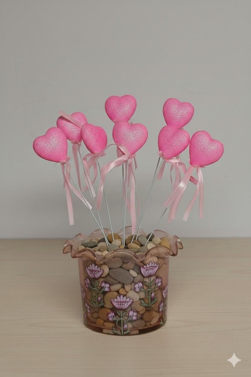 ÇUBUKLU STRAFOR KALP SİMLİ 10 LU ORTA PEMBE