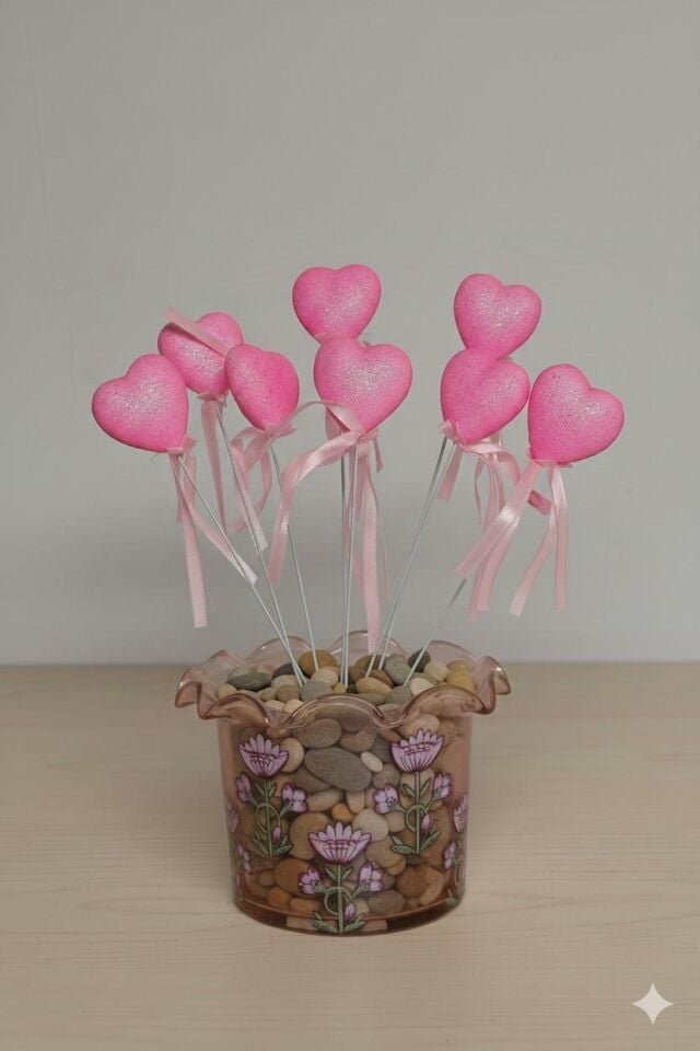 ÇUBUKLU STRAFOR KALP SİMLİ 10 LU ORTA PEMBE