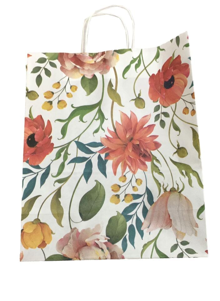 ÇANTA KRAFT BÜKÜM SAPLI ÇİÇEKLİ  32*41cm 10 LU