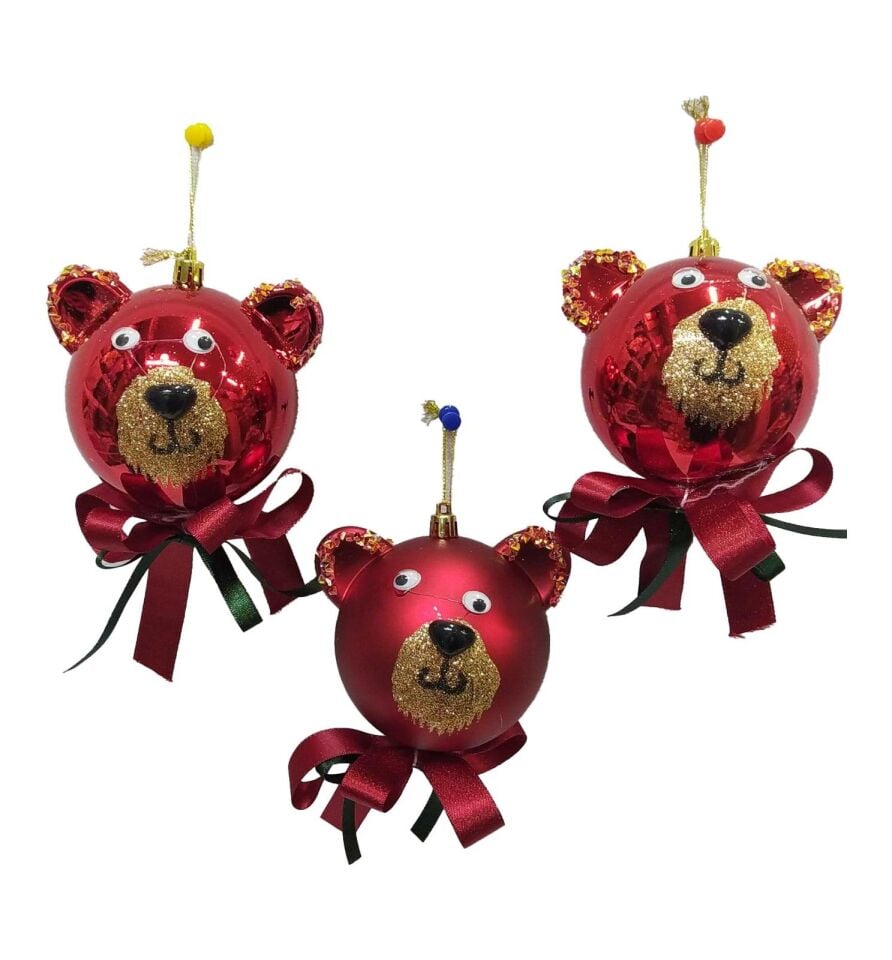 TOP SÜS 10 CM LÜX AYICIK  FİGÜRLÜ 3 LÜ KIRMIZI