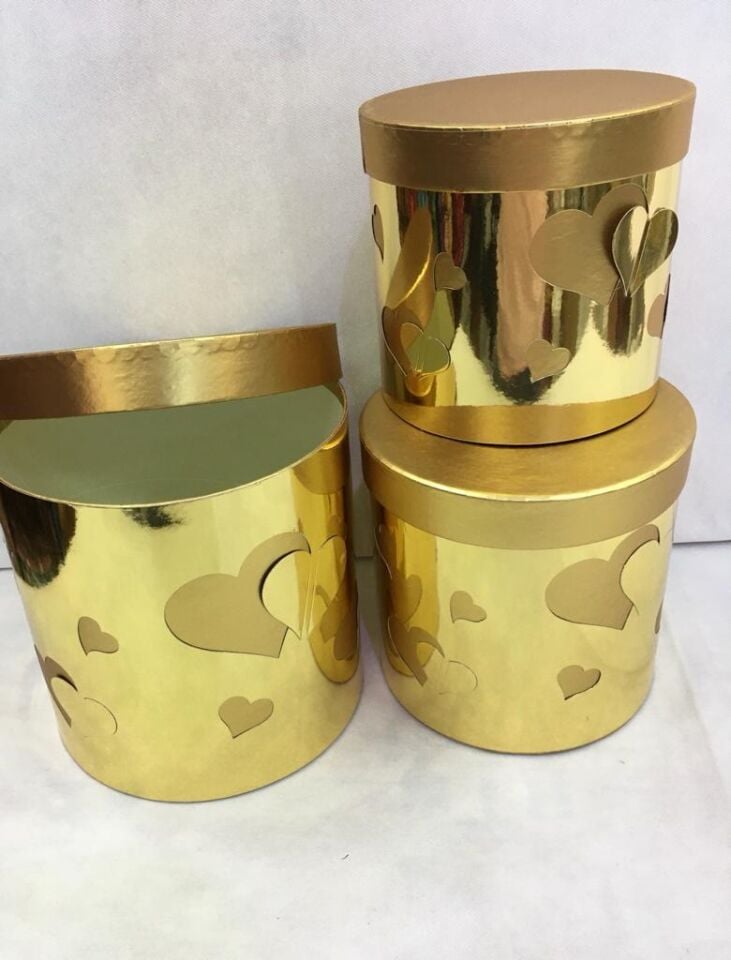 KUTU SİLİNDİR KALPLİ  3 LÜ SET METALİK ALTIN