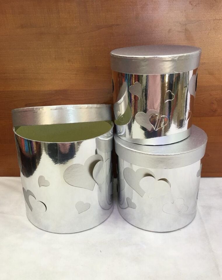 KUTU SİLİNDİR KALPLİ  3 LÜ SET METALİK GÜMÜŞ