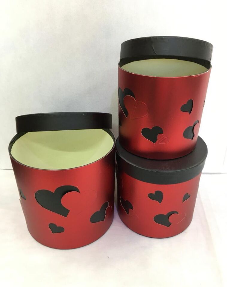 KUTU SİLİNDİR KALPLİ  3 LÜ SET METALİK KIRMIZI