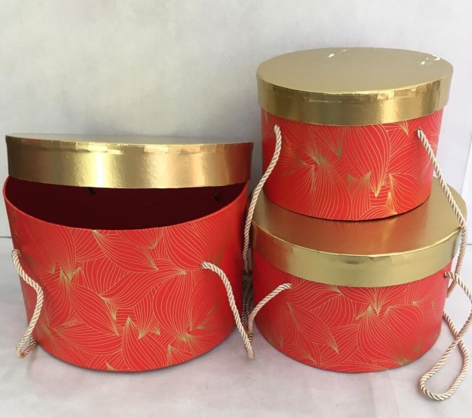 KUTU YUVARLAK 3LÜ ALTIN KAPAK/KIRMIZI GÖVDE İPLİ