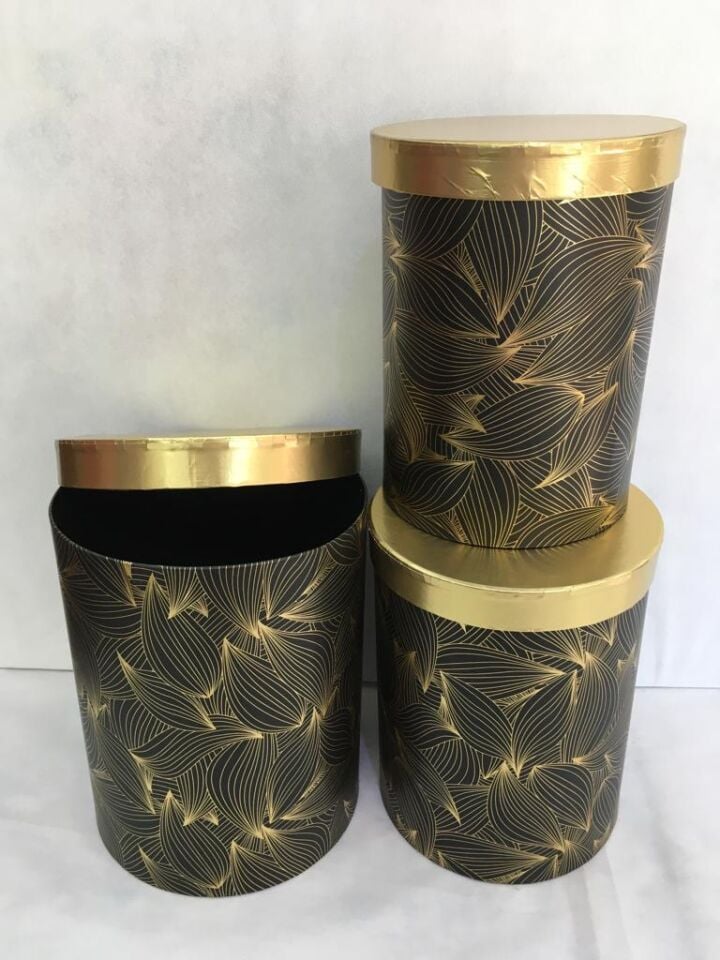 KUTUSİLİNDİR 3LÜ ALTIN KAPAKLI FIRÇA DESENLİ SİYAH