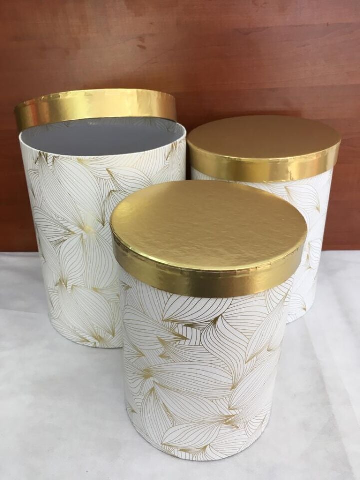 KUTUSİLİNDİR 3LÜ ALTIN KAPAKLI FIRÇA DESENLİ BEYAZ