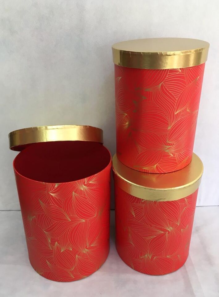 KUTUSİLİNDİR 3LÜ ALTIN KAPAKLI FIRÇA DESENLİ KRMZI