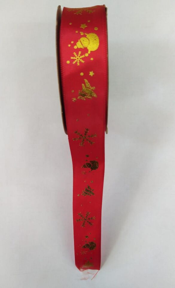 KURDELE SATEN YILBAŞI DESENLİ 2,5 CM 22 MT KIRMIZI