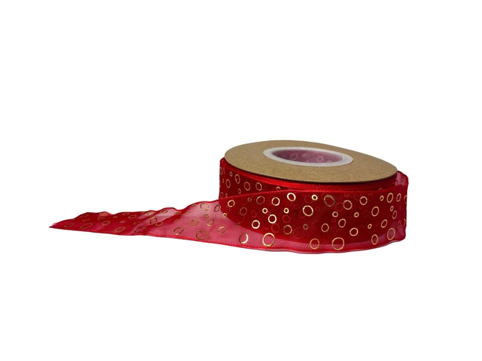 KURDELE ORGANZE KIRMIZI PUANLI 2,5 CM 22 MT.