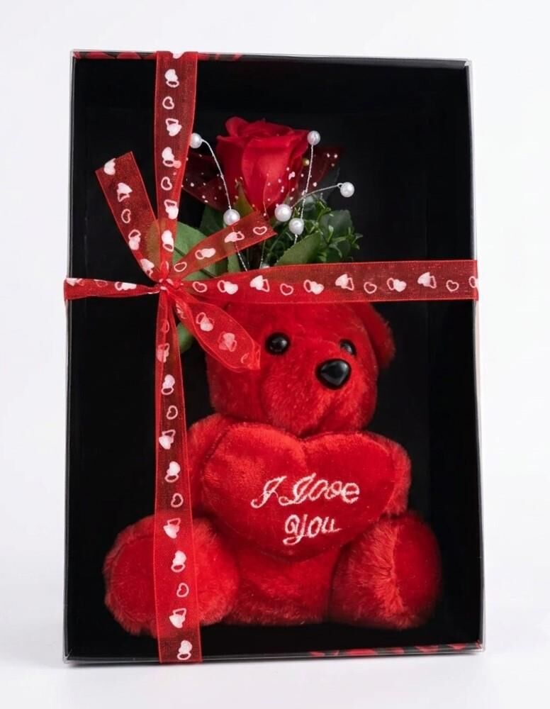 HEDİYELİK SÜS ASETAT KUTU17 CM PELUŞ AYICIK  GÜLLÜ