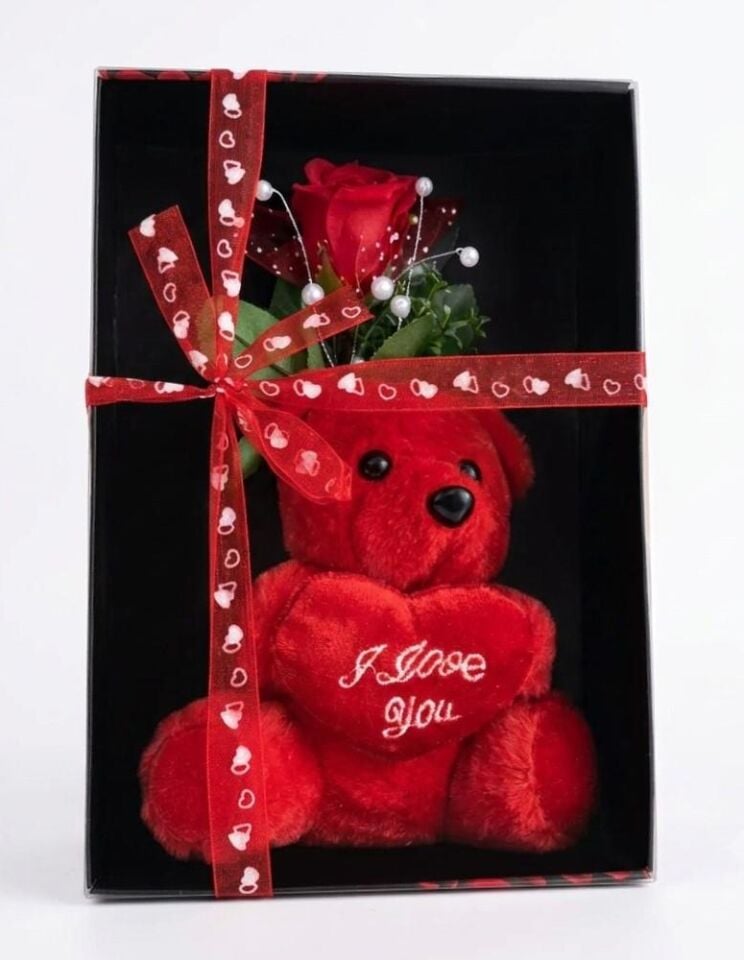 HEDİYELİK SÜS ASETAT KUTU17 CM PELUŞ AYICIK  GÜLLÜ
