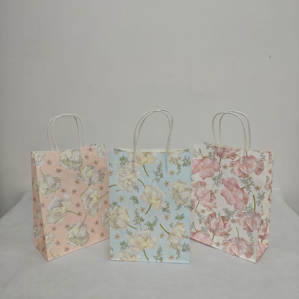 ÇANTA KRAFT BÜKÜM SAPLI ÇİÇEKLİ 19*9,5*26CM 12 Lİ
