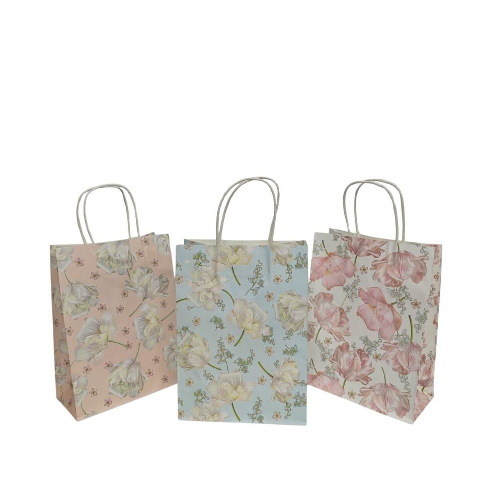 ÇANTA KRAFT BÜKÜM SAPLI ÇİÇEKLİ 19*9,5*26CM 12 Lİ